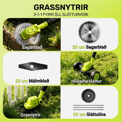 3-í-1 Þráðlaus Garðsláttuvél